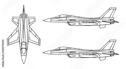 Tableau sur toile Set of military fighter jet blueprint in different projections vector illustration