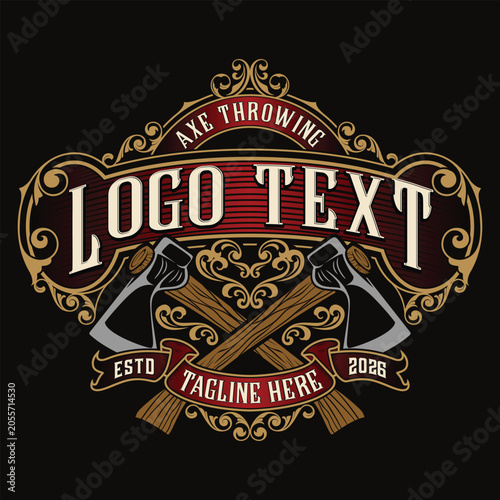 Vintage axe throwing emblem logo template with crossed axes and ornate filigree decorative borders.