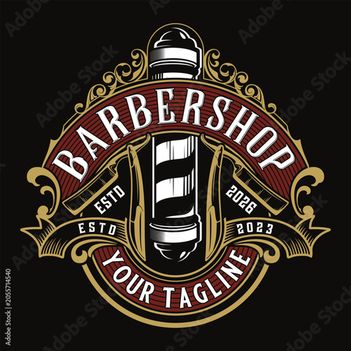 Vintage barbershop emblem logo template featuring a classic barber pole and elegant ornate filigree decorative frame.