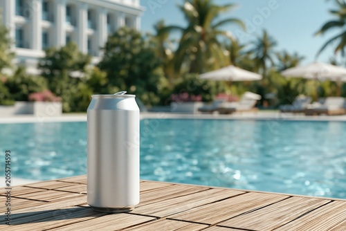 Soda Can Mockup on Poolside Wooden Surface in Summer