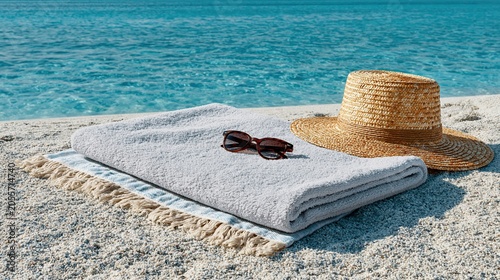 White Sand Beach Towel Mockup with Ocean Backdrop