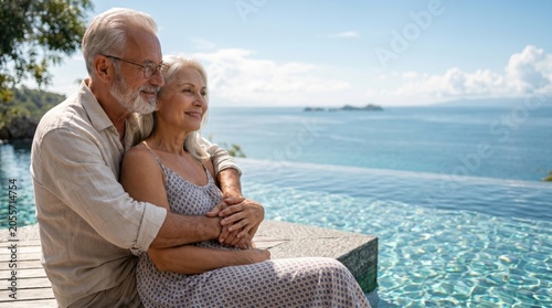 Senior couple embracing by luxury infinity swimming pool with scenic ocean view happy retirement lifestyle travel vacation romantic moment elderly people relationship goals tropical resort getaway 