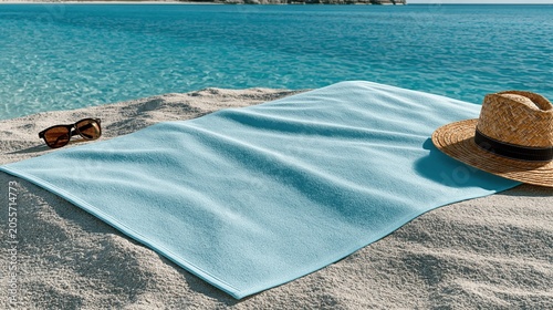 White Sand Beach Towel Mockup with Ocean Backdrop