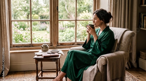 morning self-care routine, a serene woman in a silk robe enjoys coffee by a sunlit window