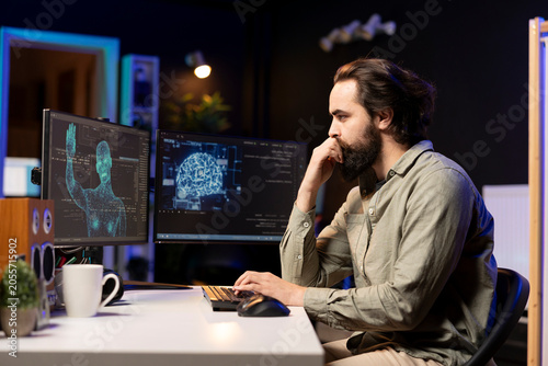 Canvas Print Sentient AI gains humanoid form inside computer, waving hand, greeting its creator, with self aware artificial intelligence saluting programmer after becoming autonomous and achieving singularity