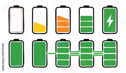 Battery level indicators set with charging and discharging progress, various status icons for devices.