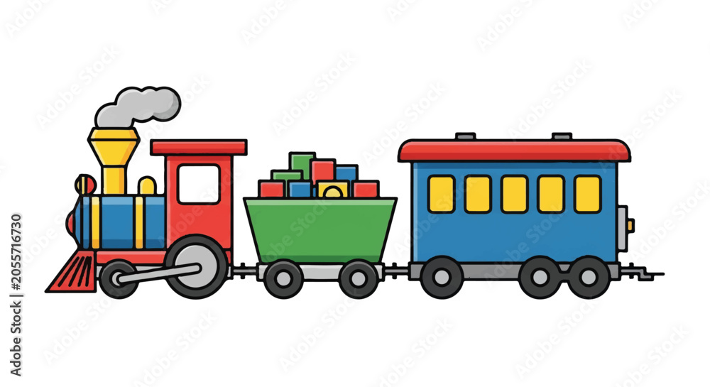 Naklejka premium Colorful Cartoon Toy Train Illustration with Playful Carriages for Kids.