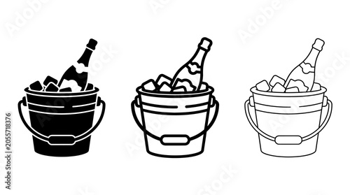 Champagne bottle in ice bucket: silhouette, monochrome, and outline style