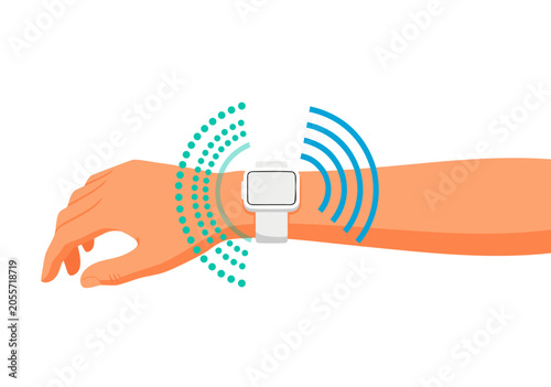 Modern smartwatch wearable technology vector illustration featuring wireless data syncing and digital health monitoring concept