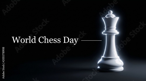 World Chess Day banner, white queen chess piece on black background, elegant strategy concept