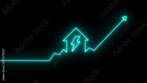Green neon house and lightning bolt animation with upward trend graph. Rising energy cost. Power consumption. Home electricity. 4K utility increase loop