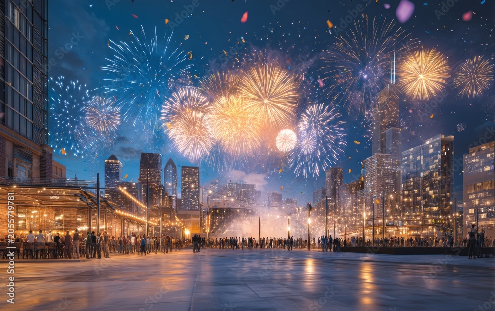 Fototapeta premium Vibrant Fireworks Display Illuminating Urban Night Skyline with Celebrating Crowd