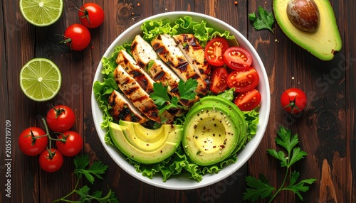 Healthy Grilled Chicken Avocado Salad Bowl with Cherry Tomatoes and Lime.