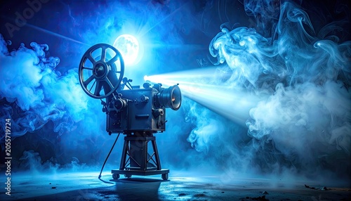 Vintage Film Projector Illuminating Smoky Blue Atmosphere.