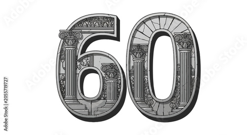 Creative typography of the number sixty crafted from currency bills and cash design.