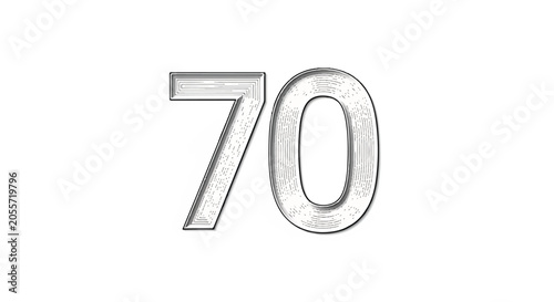 Silvery numeric seventy symbol on plain white background for design and typography projects.