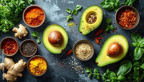 Vibrant Assortment of Fresh Avocados and Exotic Spices for Healthy Cooking.