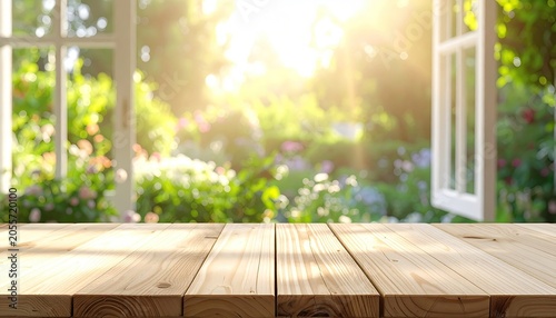 Sunlit Garden View Through Open Window with Wooden Table Foreground.