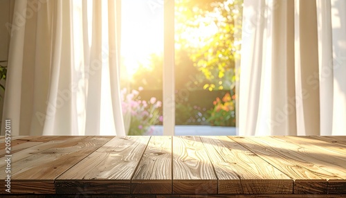 Sunlight Streaming Through Curtains Onto Wooden Table.