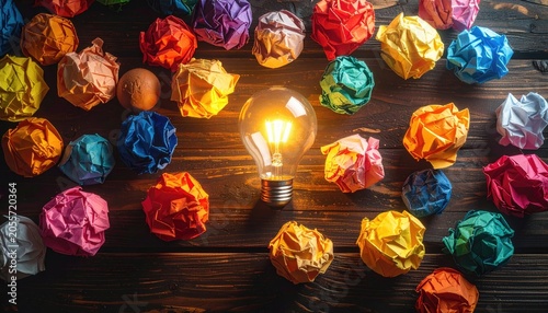 Bright Idea Light Bulb Surrounded by Colorful Crumpled Paper Balls on Wooden Background.