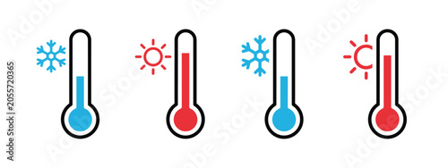 Four thermometers showing cold and hot temperatures with snowflake and sun