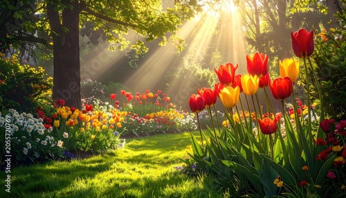Sunlight Streams Through Lush Garden Blooming with Vibrant Tulips.
