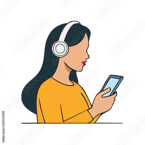 Woman with Headphones Listening to Music on Smartphone