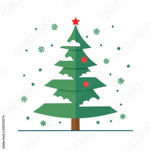 Flat Design Christmas Tree with Snowflakes