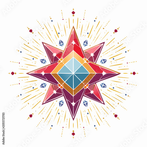 Geometric Starburst with Radiant Rays and Gems