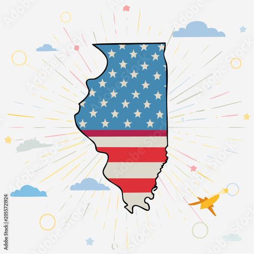 Illinois State Map with American Flag Design and Sunburst