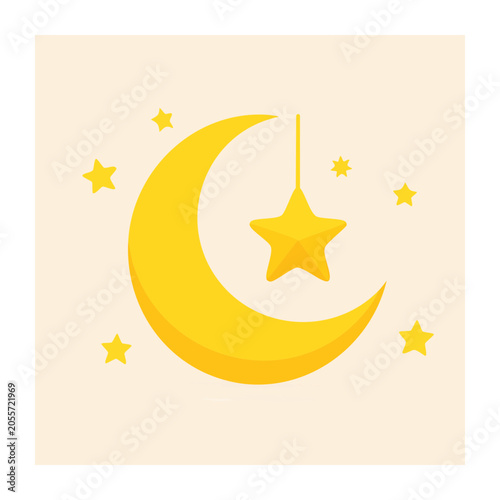 Yellow crescent moon with stars icon