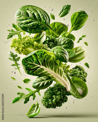 Dynamic commercial food photography of fresh flying salad greens, spinach, and kale leaves with splashing water droplets on a light green background created with Generative AI Technology, ai, generati
