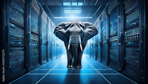 an elephant peers curiously at the intricate network of cables and servers in data center