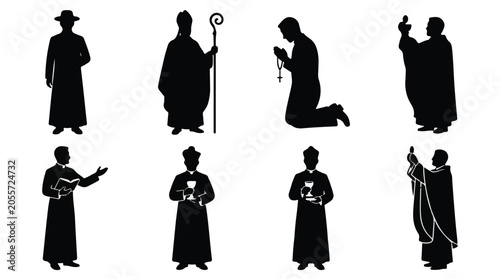 Clergyman holding open book in minimalist black silhouette vector illustration