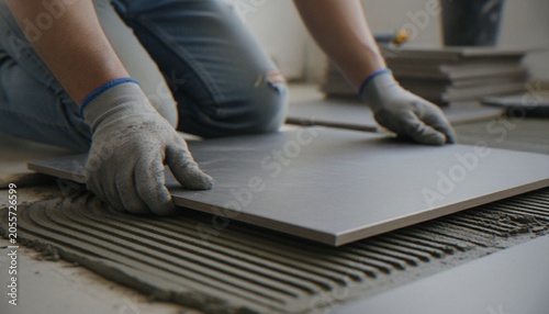 фотографія A close-up view of a professional construction worker wearing gloves laying a large grey ceramic tile on a bed of fresh adhesive on a floor surface during a home renovation project