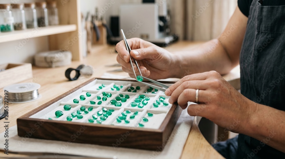Fototapeta premium Woman jeweler holding tweezers with a small green gemstone above a wooden tray. Artisan examines emeralds in workshop. Professional jewelry making process and accessory production