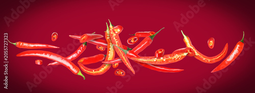 Foto Chili peppers in air against red background. Banner design
