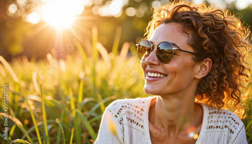 Young woman smiling in sunglasses amidst green grass at sunset - Concept of Summer Mood  