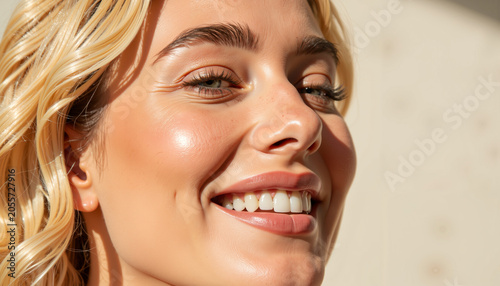 Young woman smiling with glowing skin in bright sunlight outdoors  