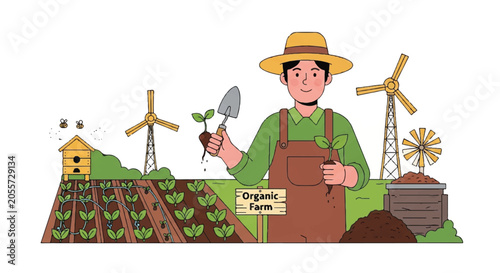 Cartoon farmer tending a thriving garden with wind turbines and solar panels.
