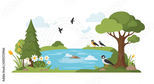 Tranquil lakeside landscape with trees, flowers, and birds by a calm shoreline.
