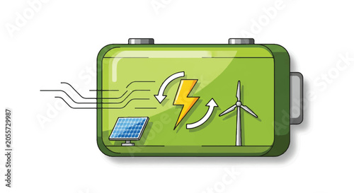 Eco Energy Concept: Green Battery Illustration with Wind Turbine and Solar Elements.