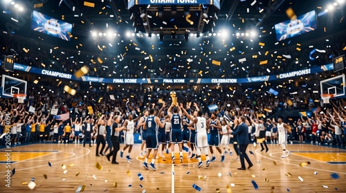 Basketball championship celebration inside packed arena