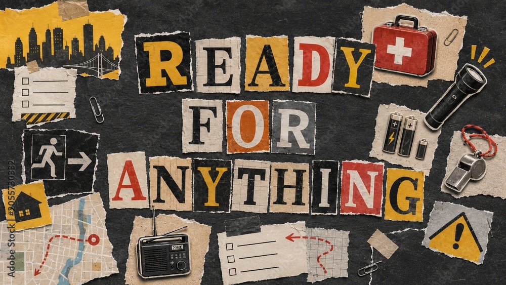 Fototapeta premium Ready for anything ransom note style typography. Collage of cut out paper letters with survival gear icons. Preparation for emergency, disaster response, and safety planning concept