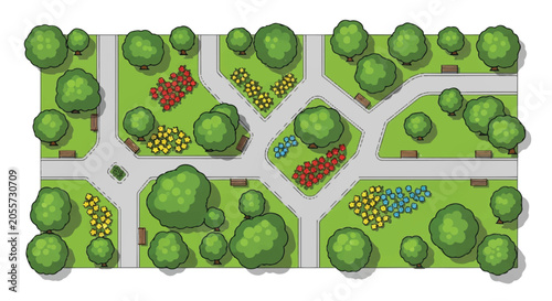 Aerial view of a verdant neighborhood park layout with trees and roads.