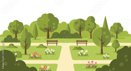 Serene urban park landscape with winding paths, trees, benches, and blooming flowers in bright daylight.