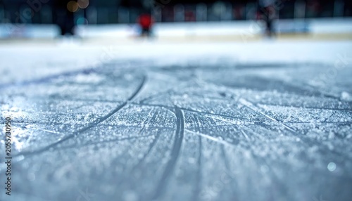 Ice Rink Surface with Skate Marks Closeup.