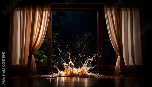 Open window with sheer white curtains gently moving in breeze