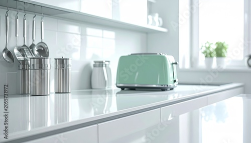 Modern Kitchen Countertop with Retro Mint Green Toaster and Utensils.