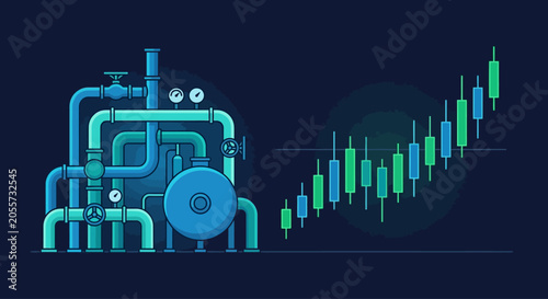 Obraz na płótnie Industrial pipeline system with rising stock market candlestick chart, flat vect